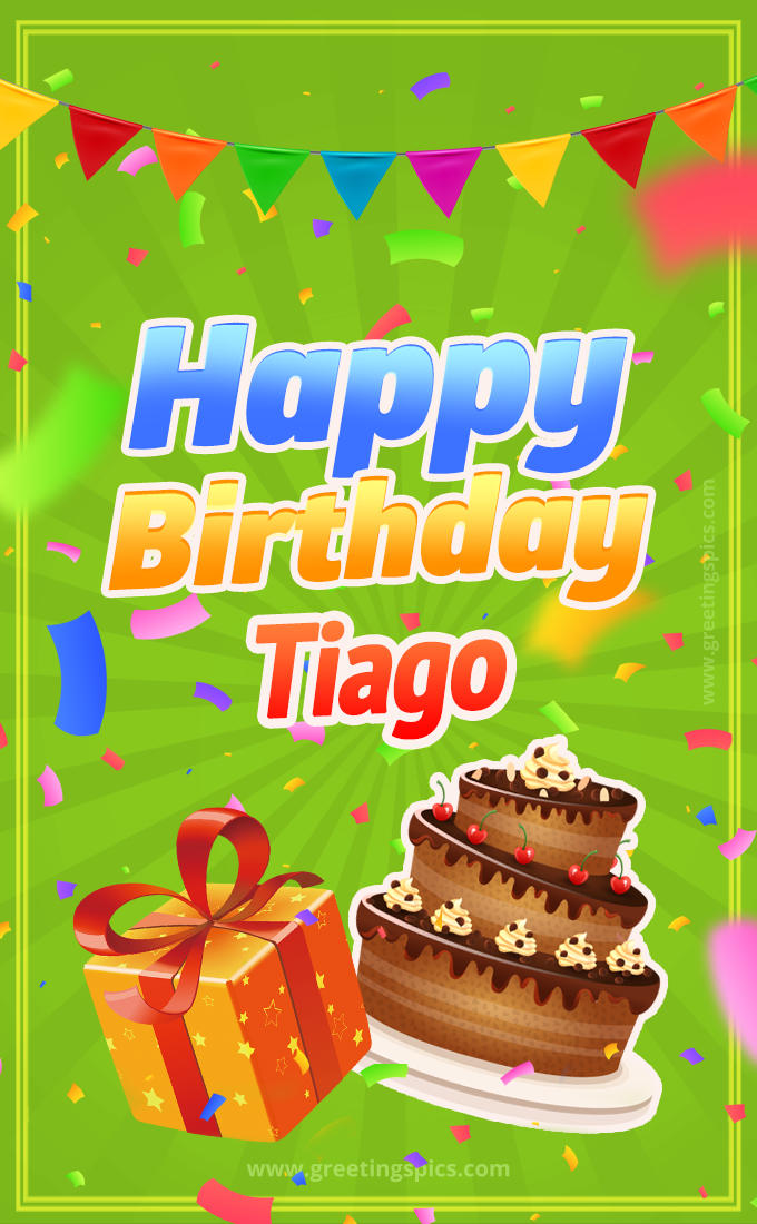 Happy Birthday Tiago picture with flags, chocolate cake and gift box (tall rectangle shape picture)