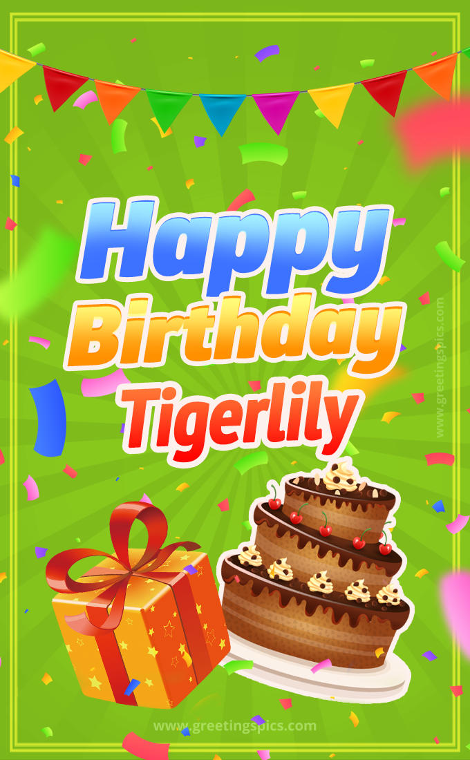 Happy Birthday Tigerlily picture with flags, chocolate cake and gift box (tall rectangle shape picture)