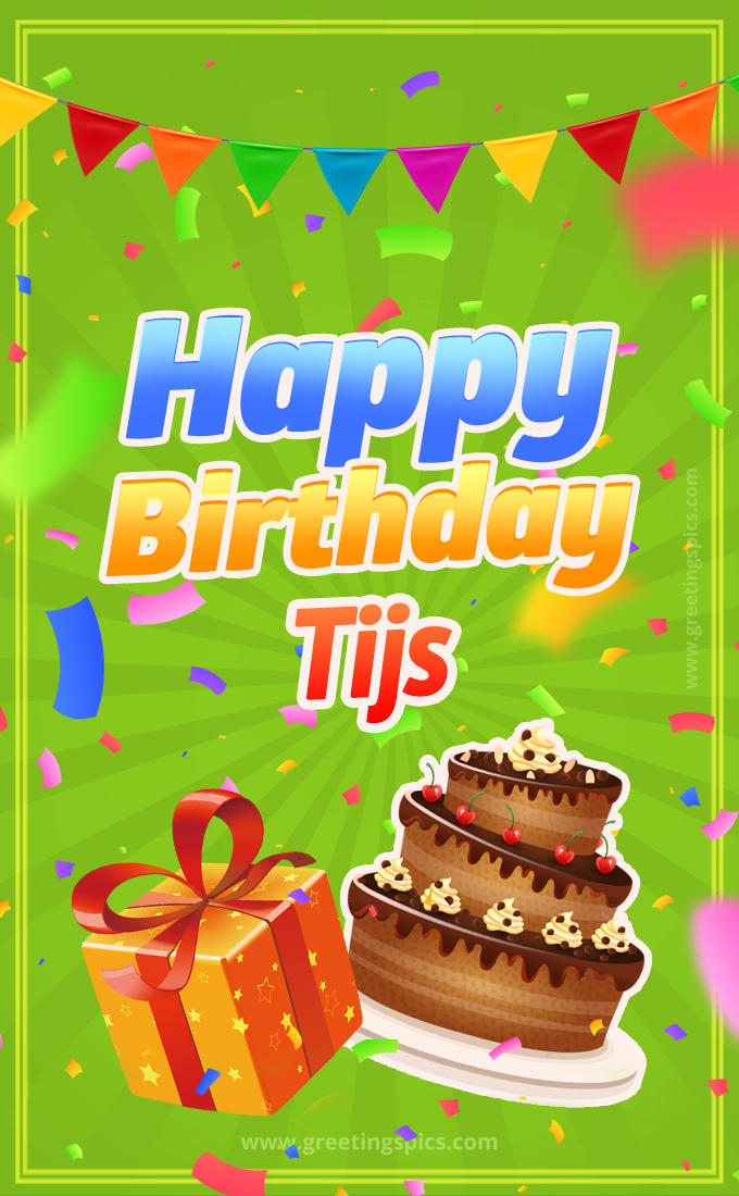 Happy Birthday Tijs picture with flags, chocolate cake and gift box (tall rectangle shape picture)