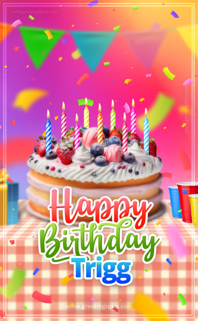 Happy Birthday Trigg Colorful Image with fruit cake and candles (tall rectangle shape picture)