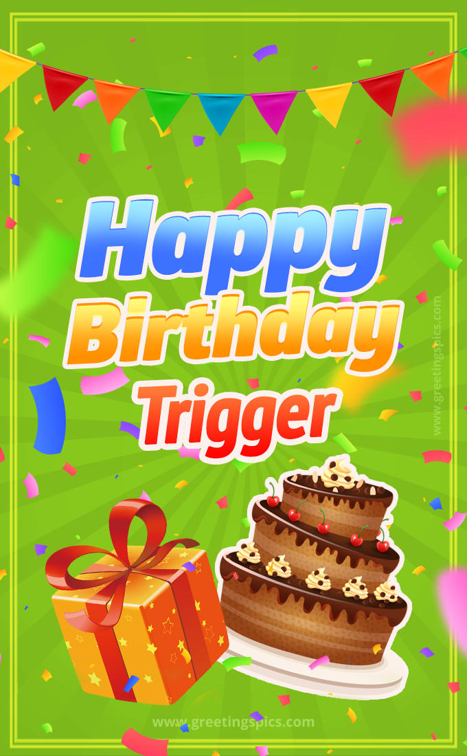 Happy Birthday Trigger picture with flags, chocolate cake and gift box (tall rectangle shape picture)