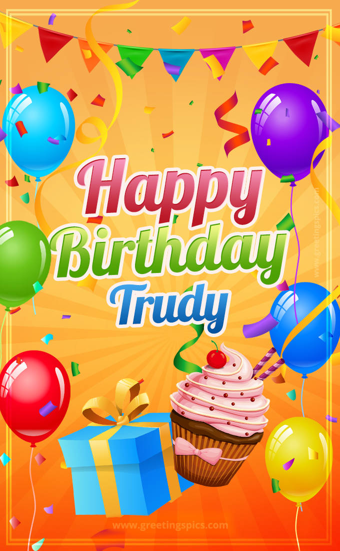 Happy Birthday Trudy eCard with gift box and cupcake (tall rectangle shape picture)