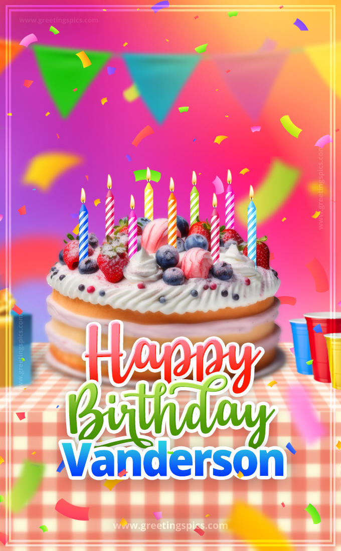 Happy Birthday Vanderson Colorful Image with fruit cake and candles (tall rectangle shape picture)