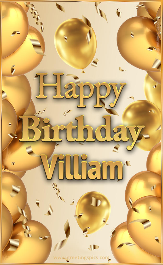 Happy Birthday Villiam Card with golden confetti and balloons (tall rectangle shape picture)