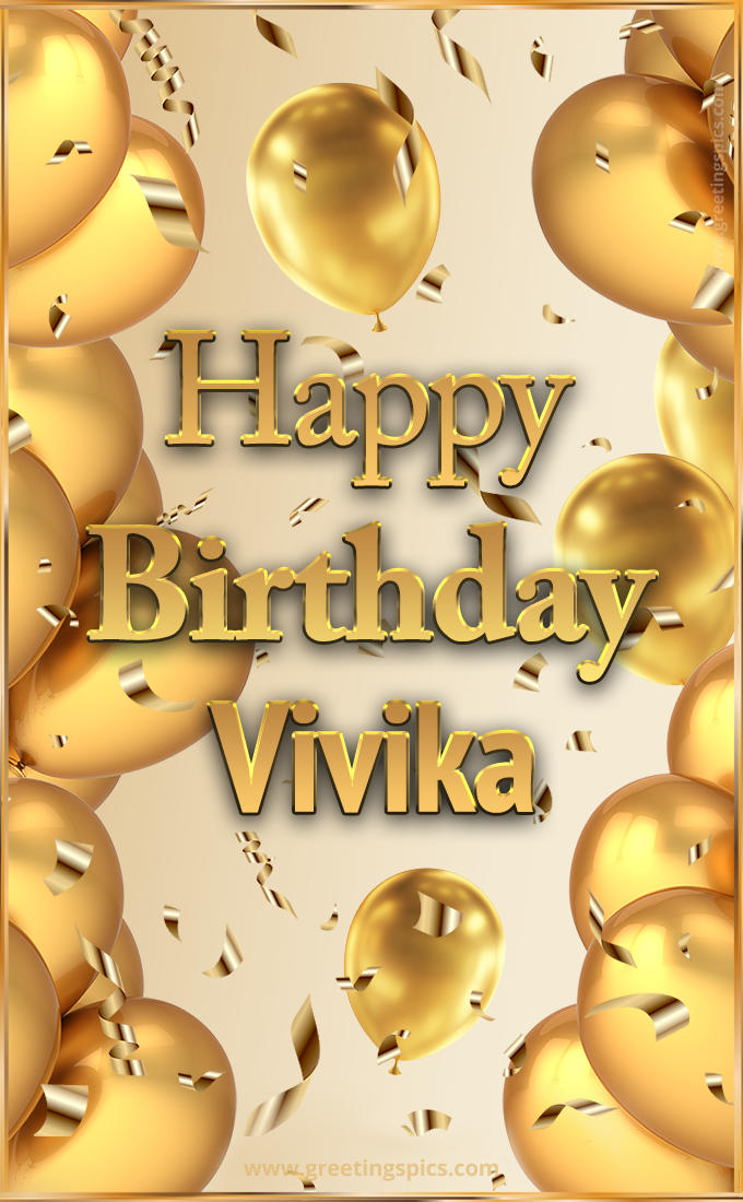 Happy Birthday Vivika Card with golden confetti and balloons (tall rectangle shape picture)