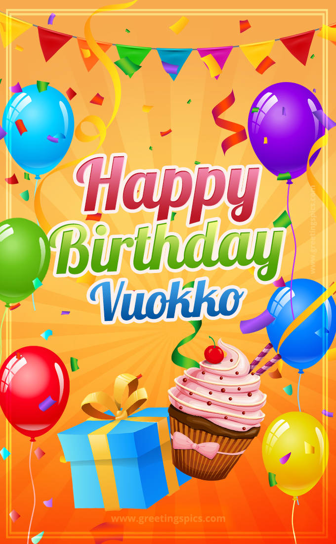 Happy Birthday Vuokko eCard with gift box and cupcake (tall rectangle shape picture)