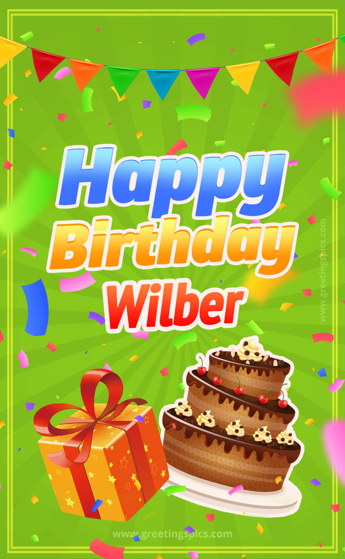 Happy Birthday Wilber picture with flags, chocolate cake and gift box (tall rectangle shape picture)