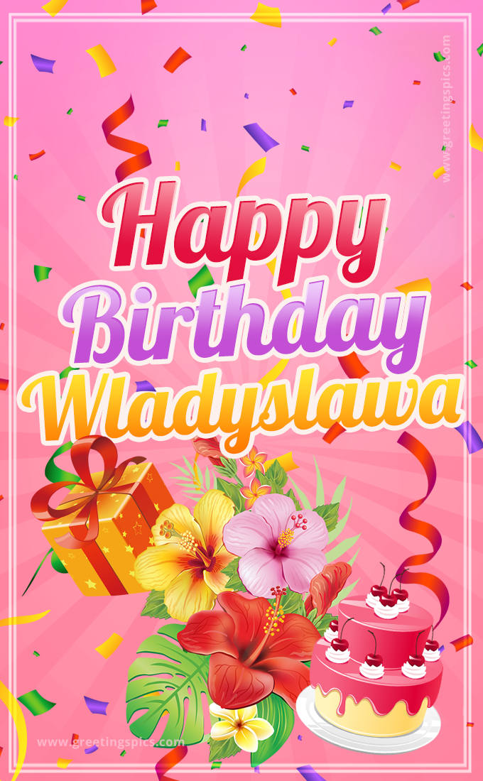 Beautiful Birthday Card for Wladyslawa with Cake and bouquet of flowers (tall rectangle shape picture)