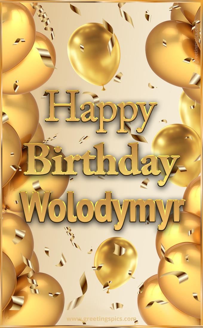 Happy Birthday Wolodymyr Card with golden confetti and balloons (tall rectangle shape picture)