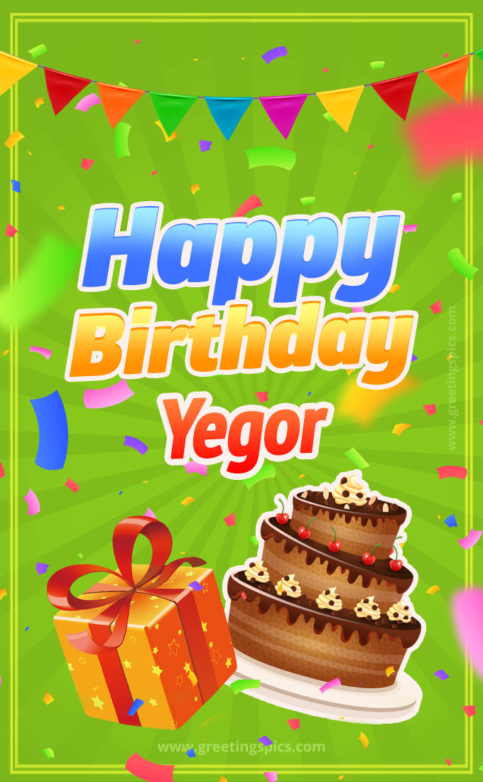 Happy Birthday Yegor picture with flags, chocolate cake and gift box (tall rectangle shape picture)