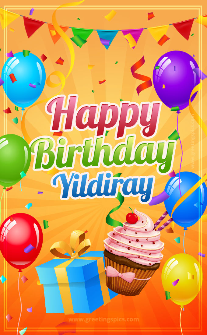 Happy Birthday Yildiray eCard with gift box and cupcake (tall rectangle shape picture)