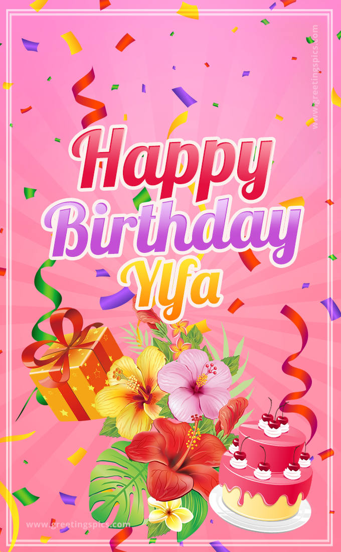 Beautiful Birthday Card for Ylfa with Cake and bouquet of flowers (tall rectangle shape picture)