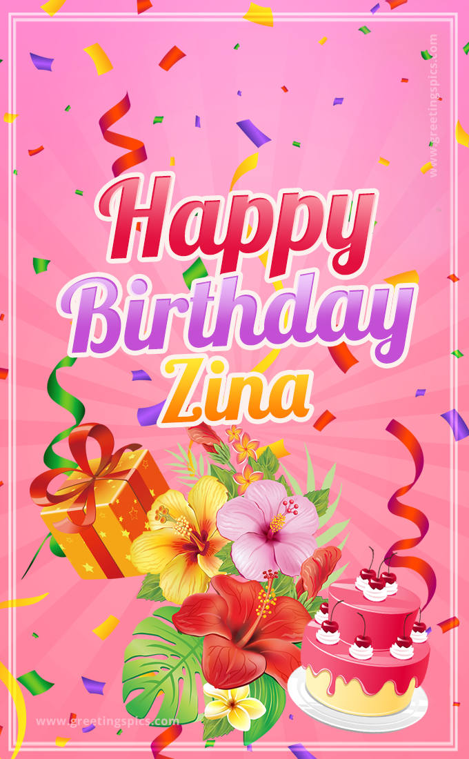 Beautiful Birthday Card for Zina with Cake and bouquet of flowers (tall rectangle shape picture)