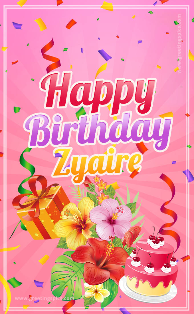 Beautiful Birthday Card for Zyaire with Cake and bouquet of flowers (tall rectangle shape picture)