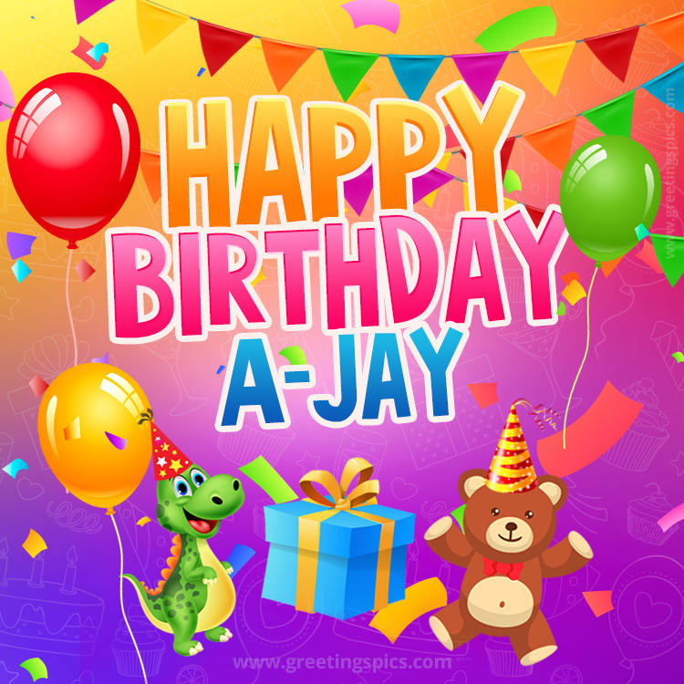 Happy Birthday A-Jay Image for a child with cute baby dinosaur and bear (square shape image)