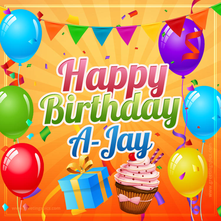 Happy Birthday A-Jay eCard with gift box and cupcake (square shape image)