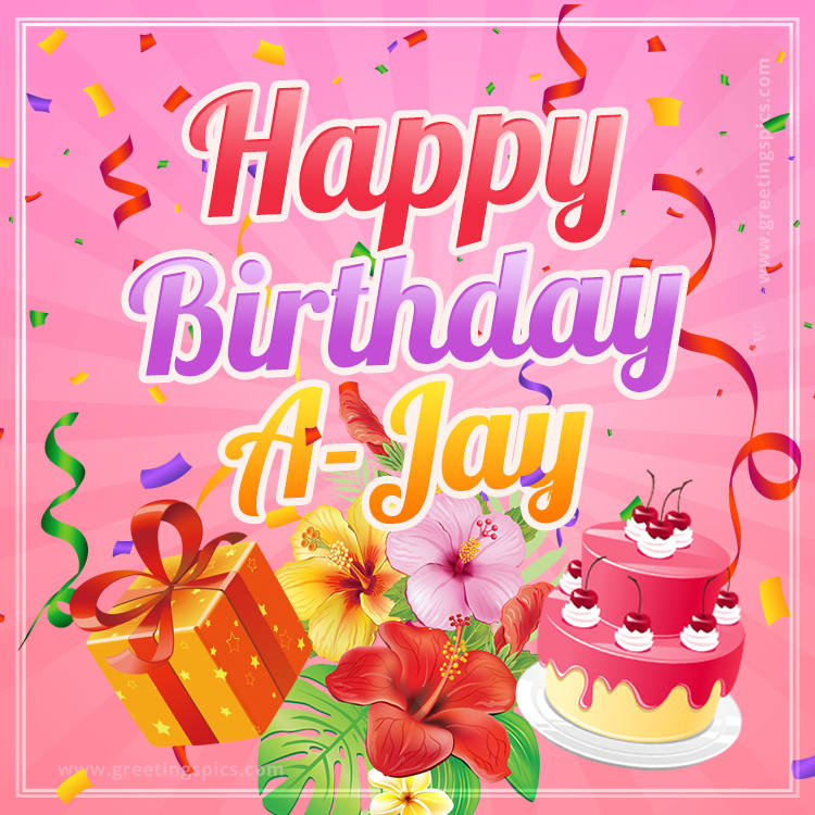 Beautiful Birthday Card for A-Jay with pink background (square shape image)