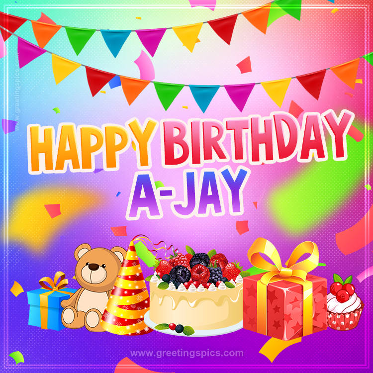 Bright card with Wishes for a Happy Birthday for A-Jay (square shape image)