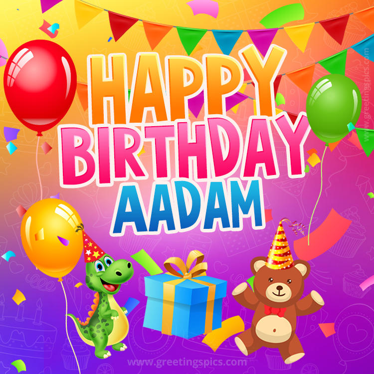 Happy Birthday Aadam Image for a child with cute baby dinosaur and bear (square shape image)