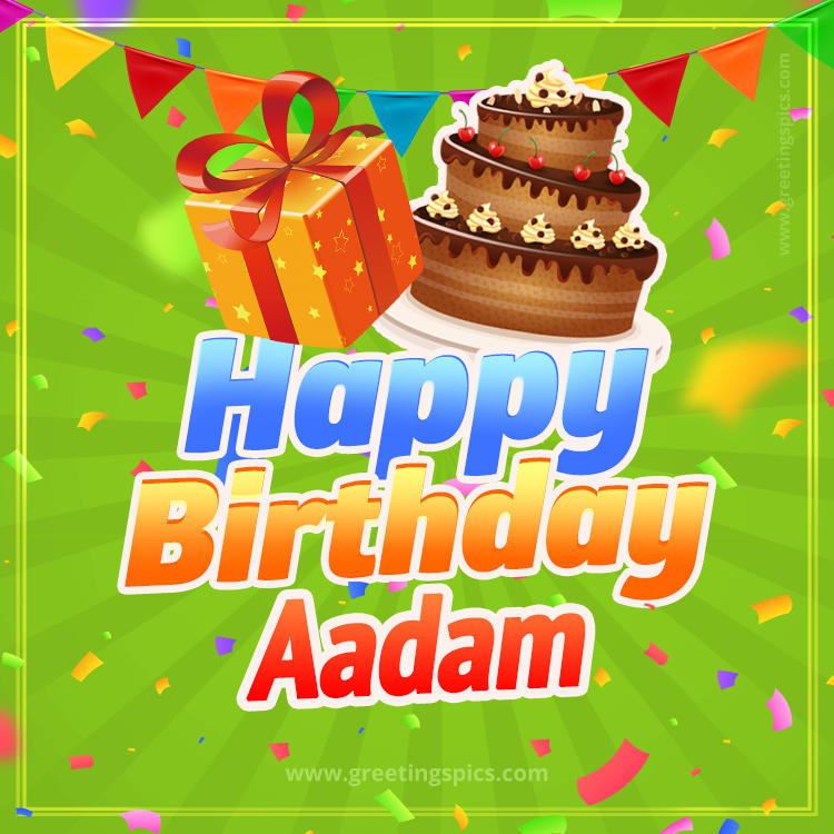 Happy Birthday Aadam picture with flags, chocolate cake and gift box (square shape image)