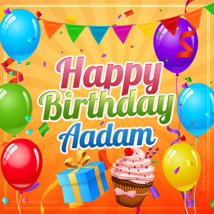 Happy Birthday Aadam eCard with gift box and cupcake (square shape image)