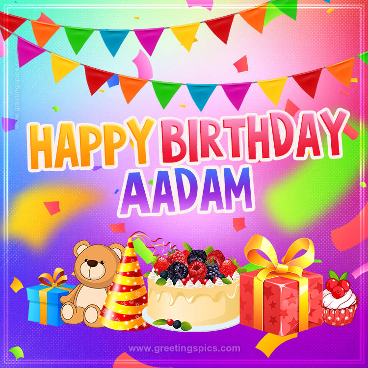 Bright card with Wishes for a Happy Birthday for Aadam (square shape image)