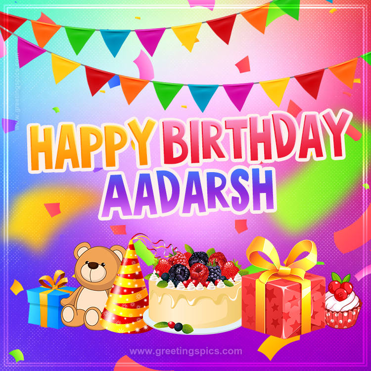 Bright card with Wishes for a Happy Birthday for Aadarsh (square shape image)