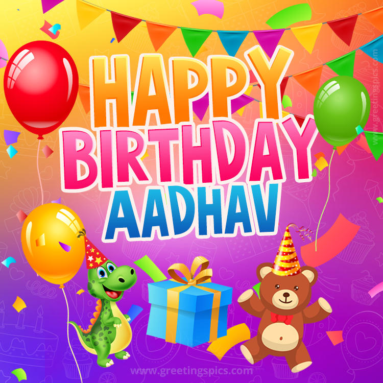 Happy Birthday Aadhav Image for a child with cute baby dinosaur and bear (square shape image)