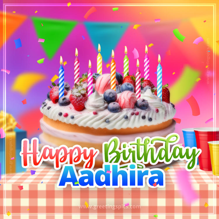 Happy Birthday Aadhira Colorful Image with fruit cake and candles (square shape image)