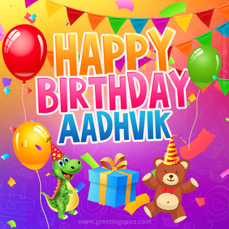 Happy Birthday Aadhvik Image for a child with cute baby dinosaur and bear (square shape image)