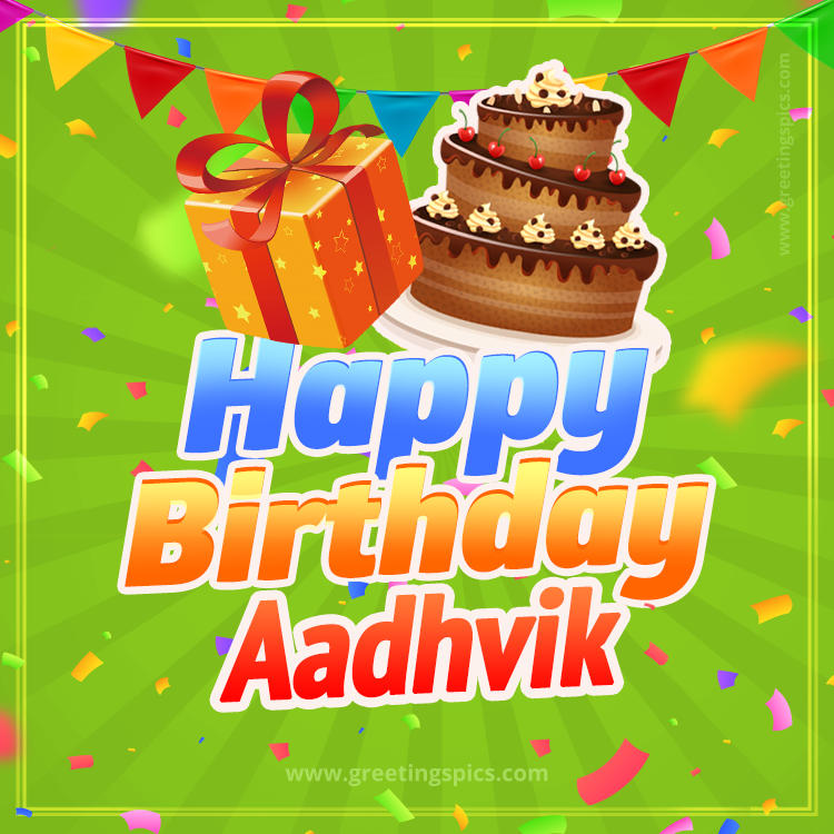 Happy Birthday Aadhvik picture with flags, chocolate cake and gift box (square shape image)