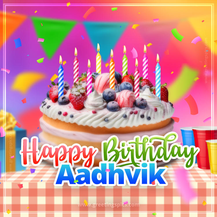 Happy Birthday Aadhvik Colorful Image with fruit cake and candles (square shape image)