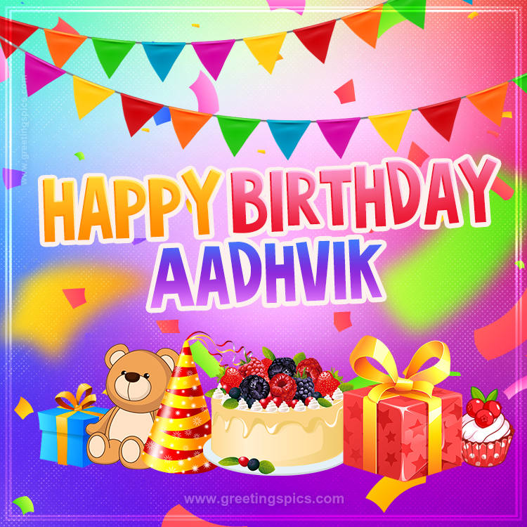 Bright card with Wishes for a Happy Birthday for Aadhvik (square shape image)