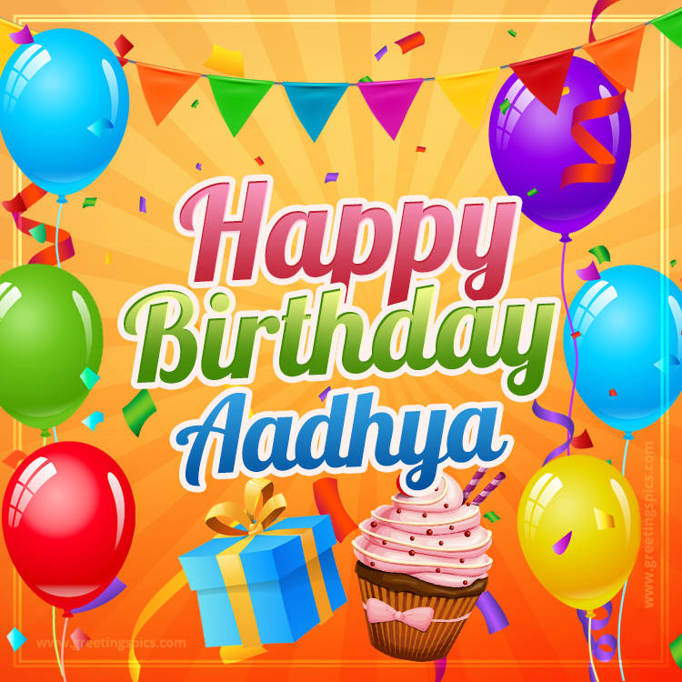 Happy Birthday Aadhya eCard with gift box and cupcake (square shape image)