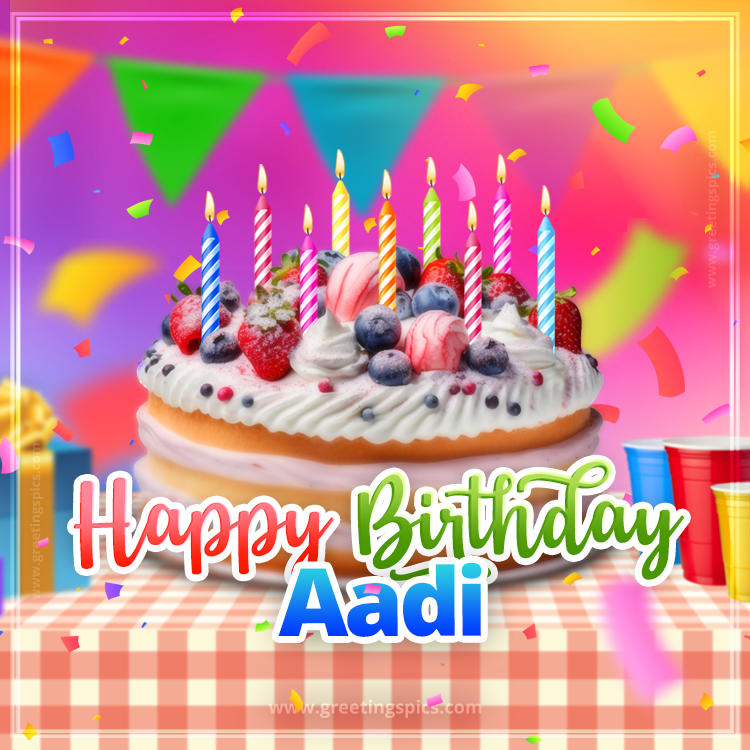 Happy Birthday Aadi Colorful Image with fruit cake and candles (square shape image)