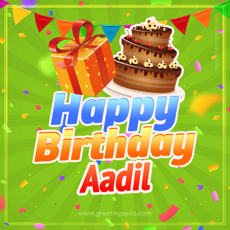 Happy Birthday Aadil picture with flags, chocolate cake and gift box (square shape image)