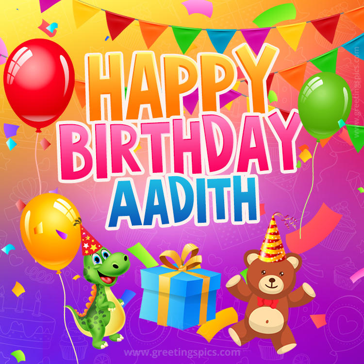 Happy Birthday Aadith Image for a child with cute baby dinosaur and bear (square shape image)