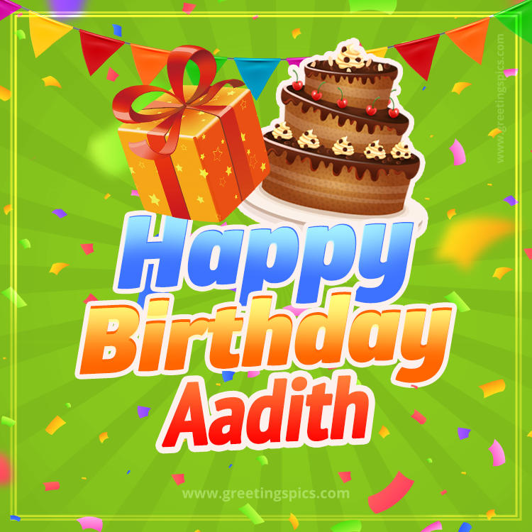 Happy Birthday Aadith picture with flags, chocolate cake and gift box (square shape image)