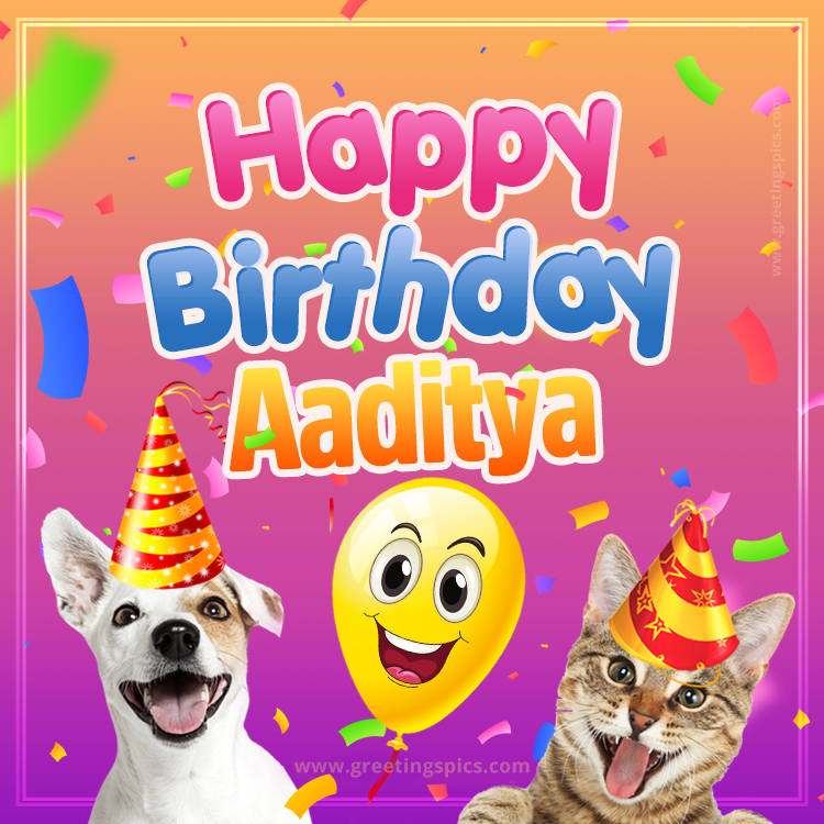 Happy Birthday Aaditya Funny Image with cat and dog (square shape image)