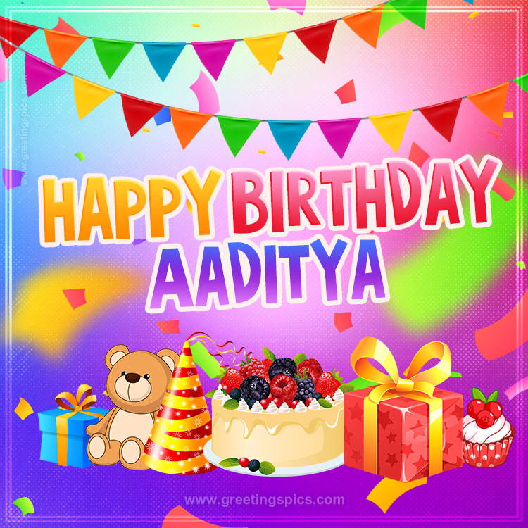 Bright card with Wishes for a Happy Birthday for Aaditya (square shape image)