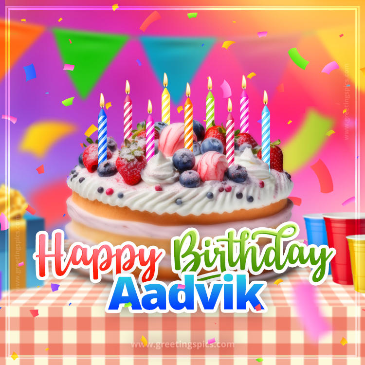 Happy Birthday Aadvik Colorful Image with fruit cake and candles (square shape image)