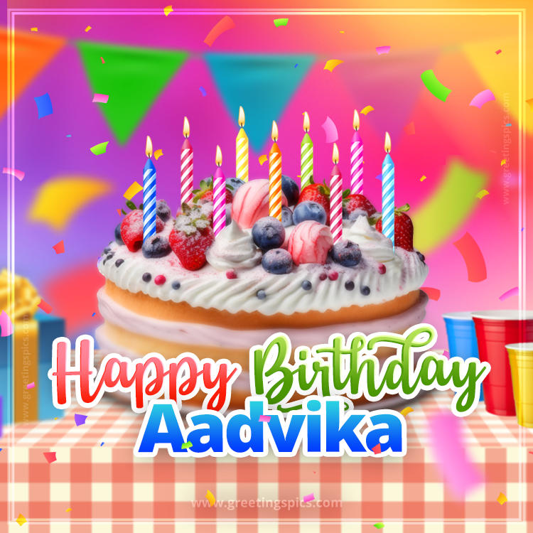 Happy Birthday Aadvika Colorful Image with fruit cake and candles (square shape image)