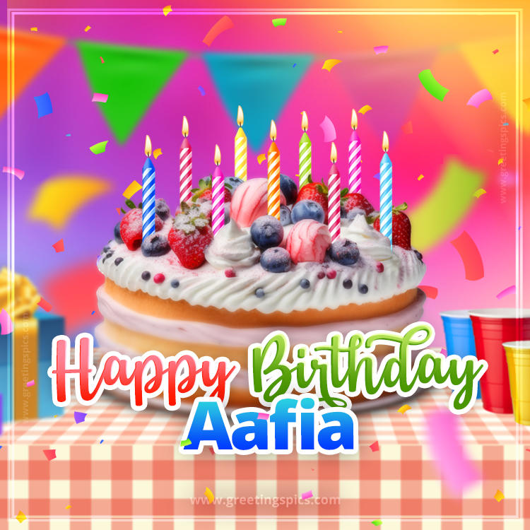 Happy Birthday Aafia Colorful Image with fruit cake and candles (square shape image)