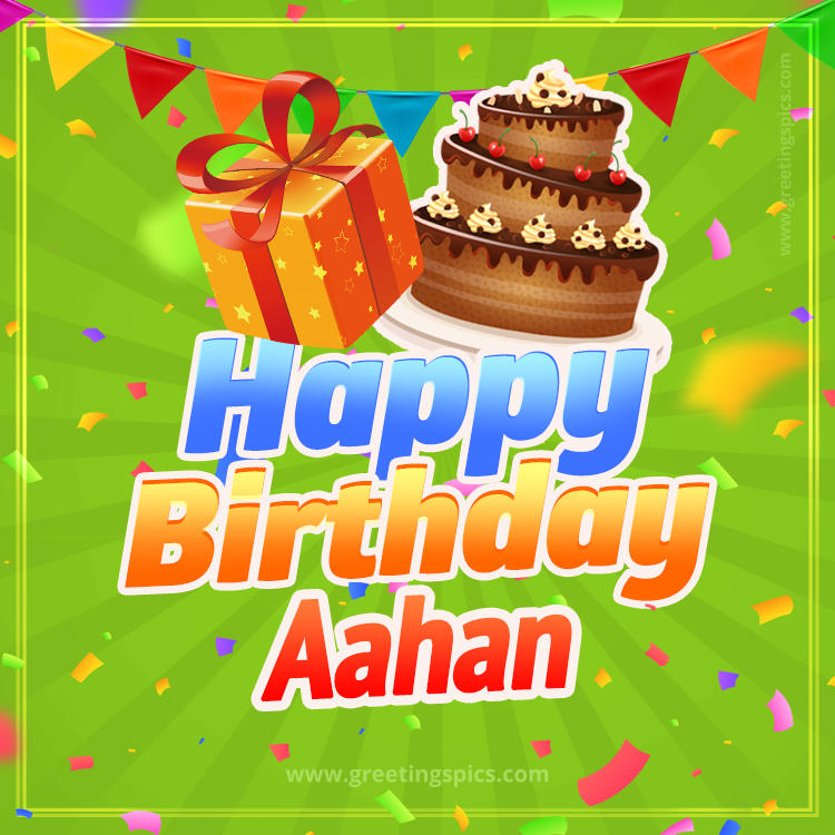 Happy Birthday Aahan picture with flags, chocolate cake and gift box (square shape image)