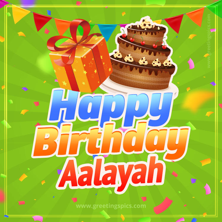 Happy Birthday Aalayah picture with flags, chocolate cake and gift box (square shape image)