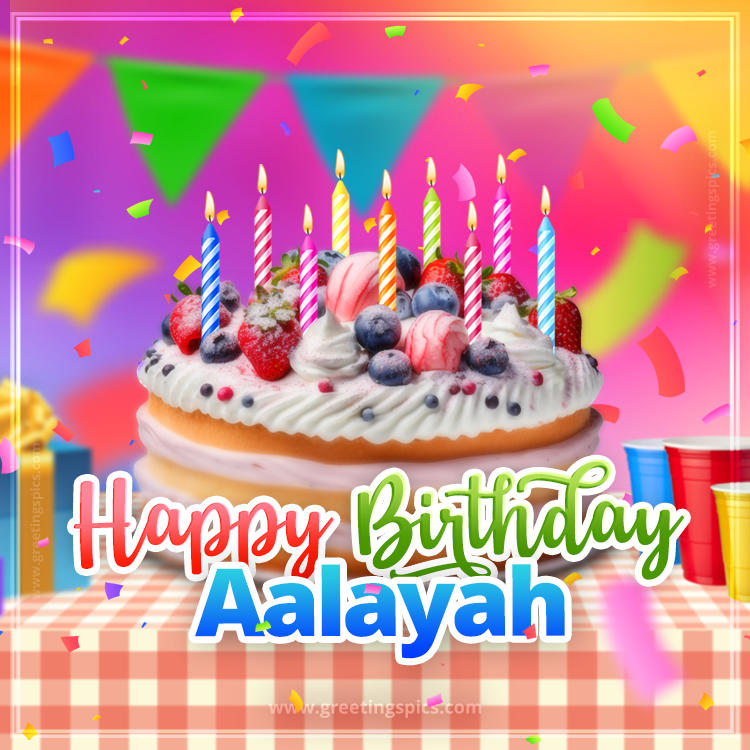 Happy Birthday Aalayah Colorful Image with fruit cake and candles (square shape image)