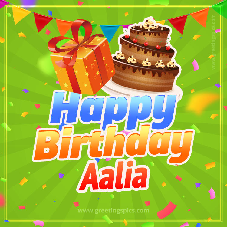 Happy Birthday Aalia picture with flags, chocolate cake and gift box (square shape image)