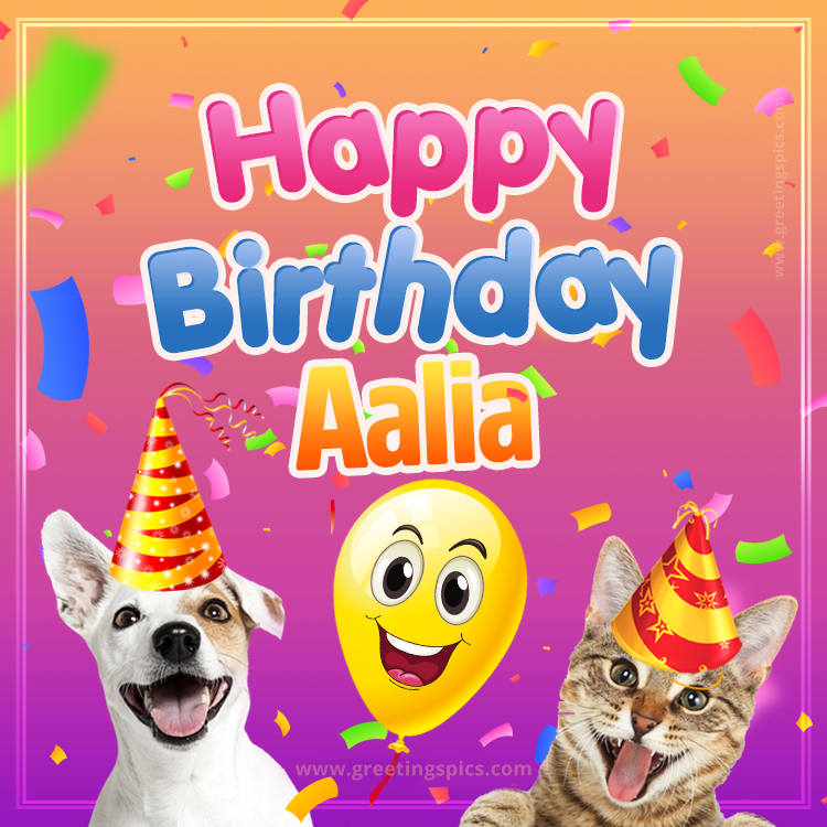 Happy Birthday Aalia Funny Image with cat and dog (square shape image)