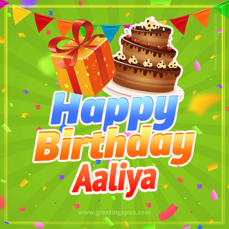 Happy Birthday Aaliya picture with flags, chocolate cake and gift box (square shape image)