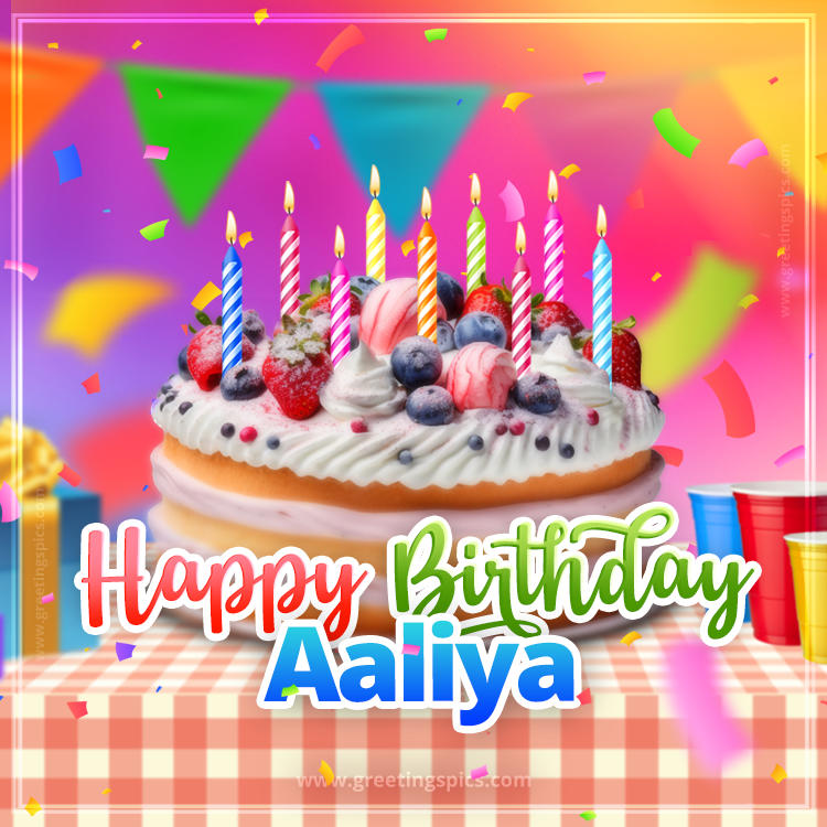 Happy Birthday Aaliya Colorful Image with fruit cake and candles (square shape image)